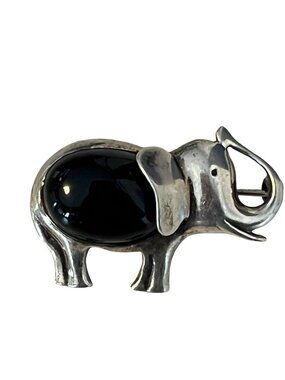 Vintage Mexico Sterling Silver Elephant Brooch Black Onyx Inlay